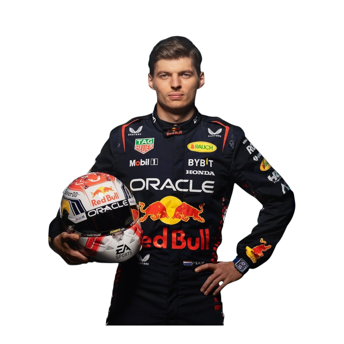 “2023 F1 racing driver in Red Bull styled suit holding helmet – high-quality studio photo”
