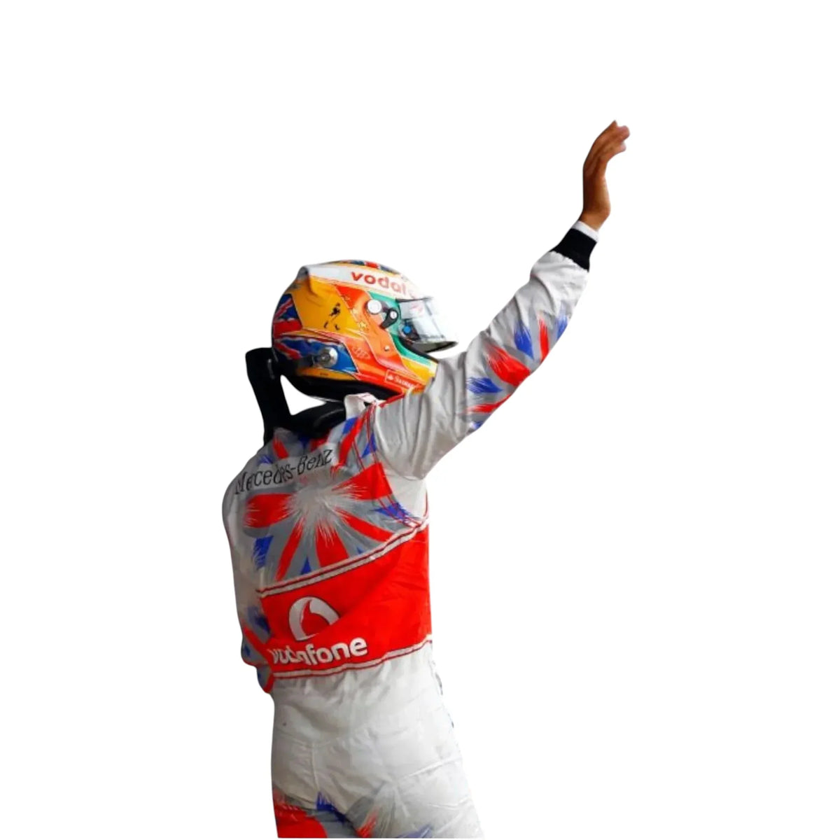Back view showing branding on Lewis Hamilton Vodafone Mercedes-Benz F1 racing suit