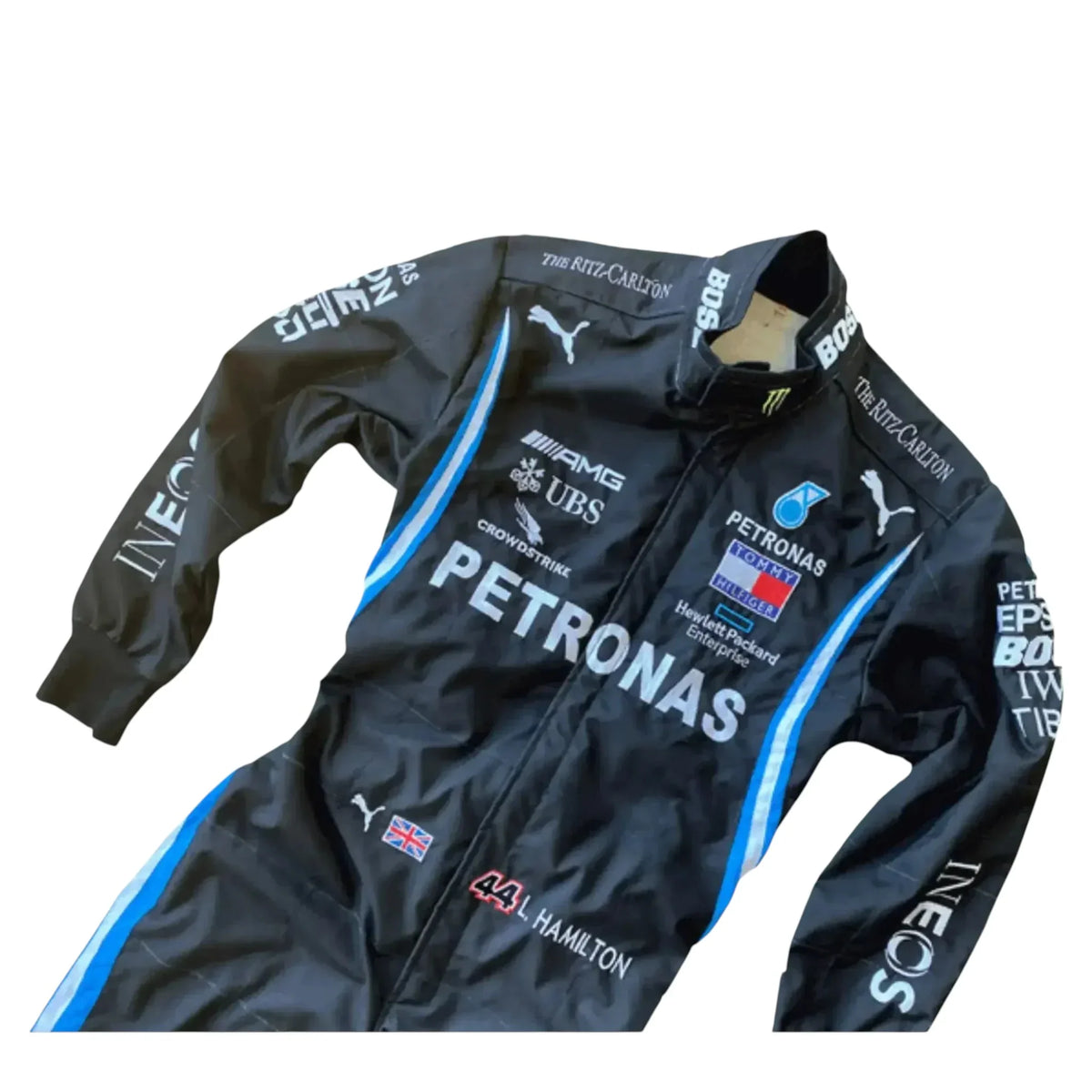 Black Mercedes-AMG Petronas F1 race suit embroidery close up