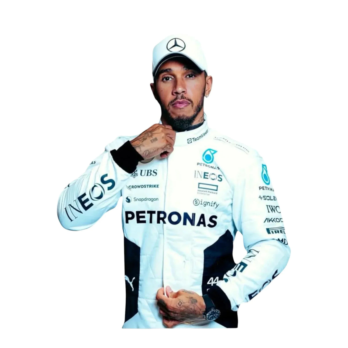 2024 Lewis Hamilton Qatar GP white F1 race suit front view