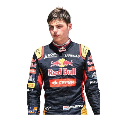 A person wearing a racing suit with Red Bull and various sponsor logos, standing against a plain white background.