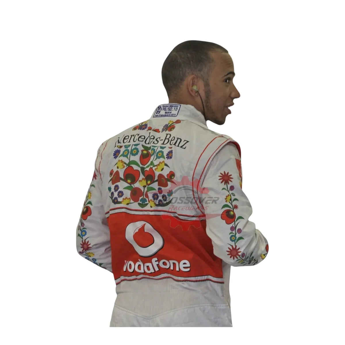 Back view showing McLaren branding on 2008 Lewis Hamilton F1 racing suit