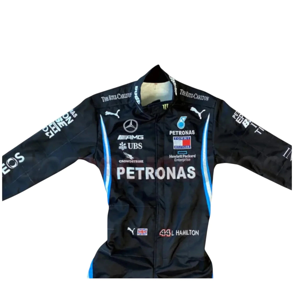 Black Mercedes-AMG Petronas F1 race suit embroidery close up