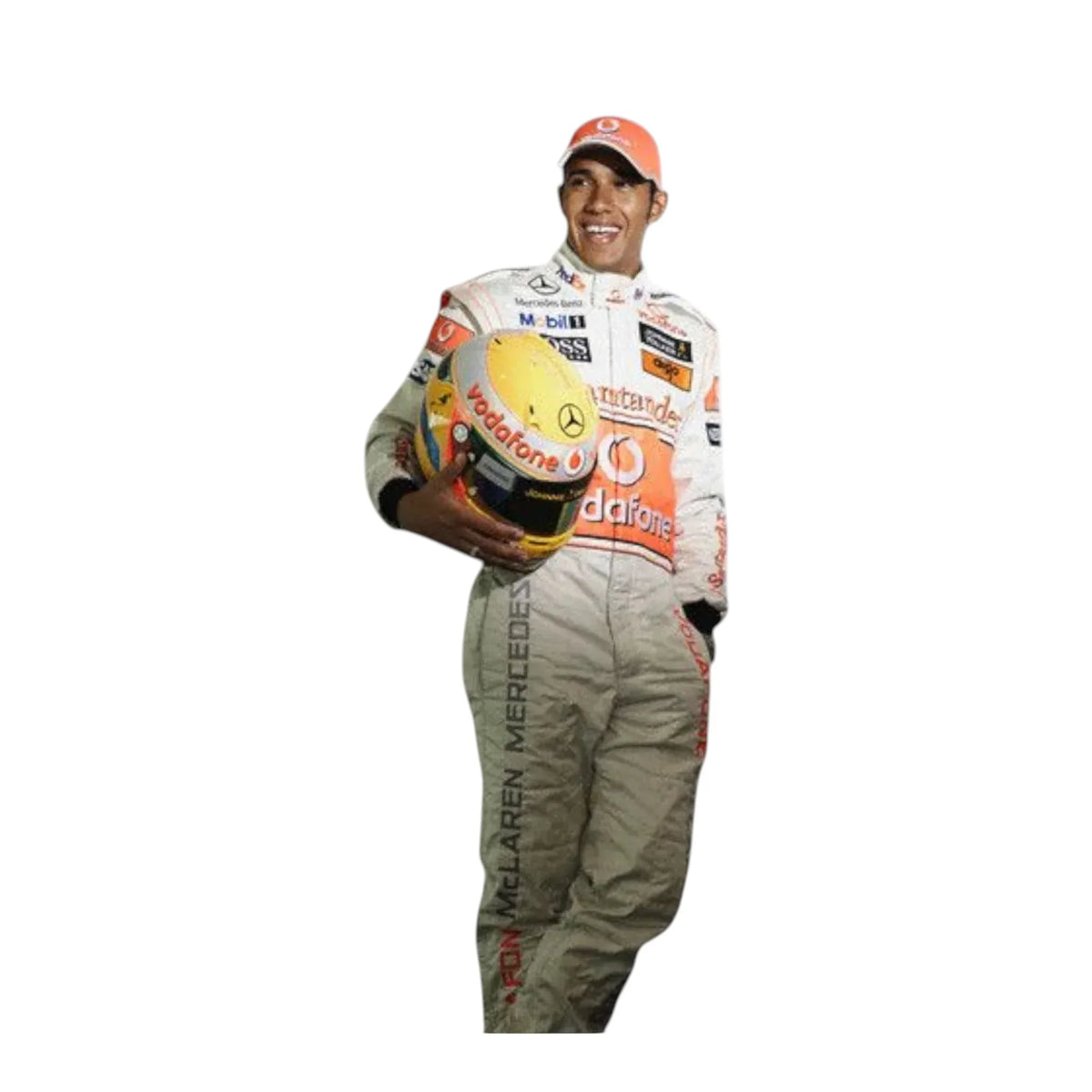 Close-up embroidery detail of McLaren logos on Lewis Hamilton 2008 F1 race suit