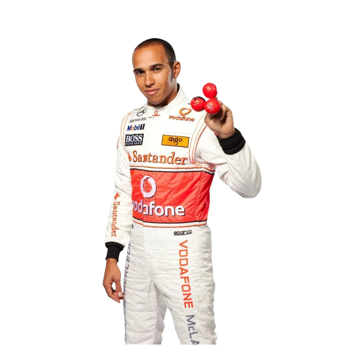 Close-up embroidery detail of McLaren logos on Lewis Hamilton 2008 F1 race suit