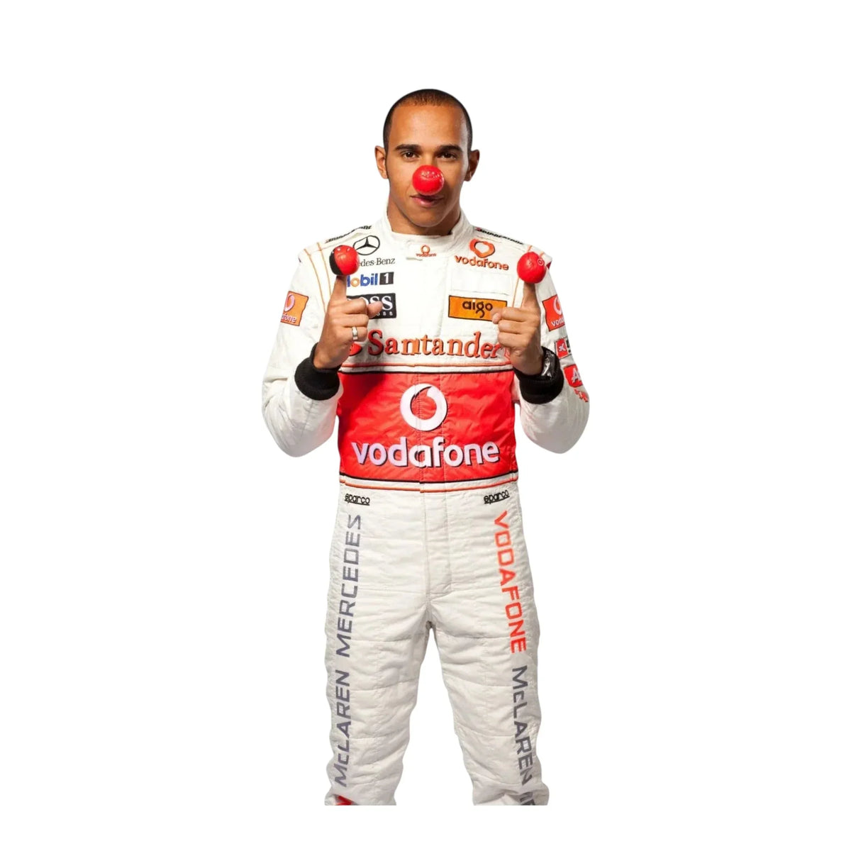 Close-up embroidery detail of McLaren logos on Lewis Hamilton 2008 F1 race suit
