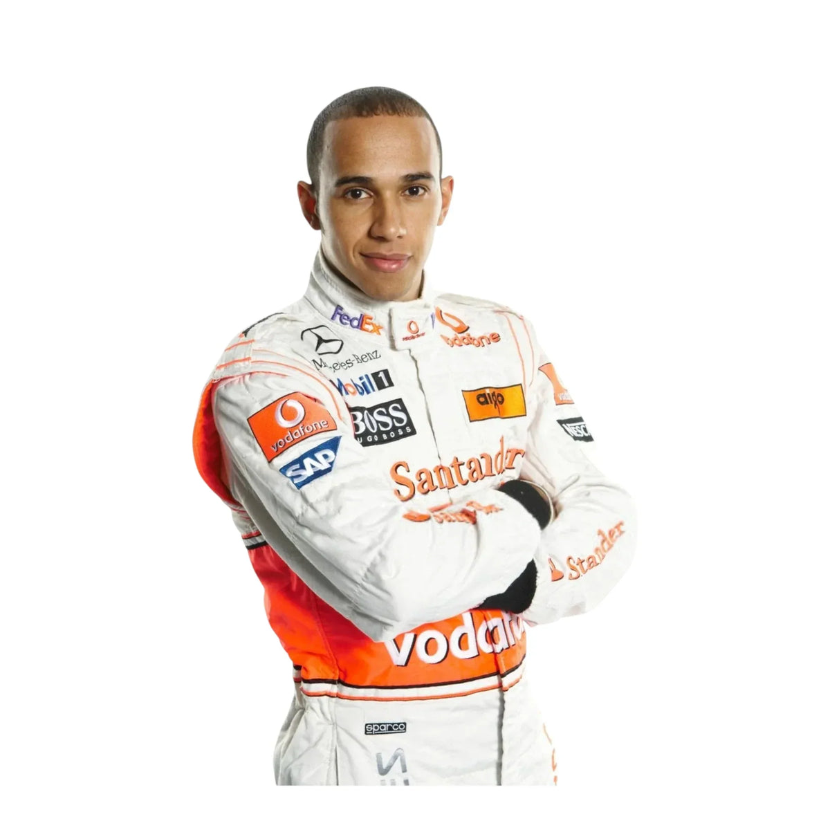 Close-up embroidery detail of McLaren logos on Lewis Hamilton 2008 F1 race suit