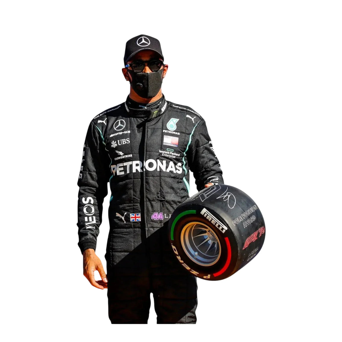 Fire-resistant stitching on Lewis Hamilton 2021 Mercedes AMG race suit