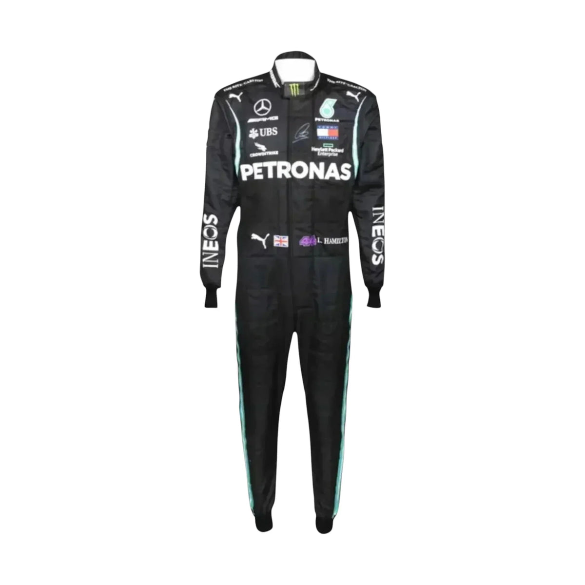 Full body view of Lewis Hamilton 2021 Mercedes AMG Petronas race suit