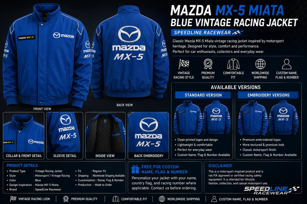 Mazda MX-5 Miata Blue Vintage Racing Performance Jacket SpeedLine Racewear