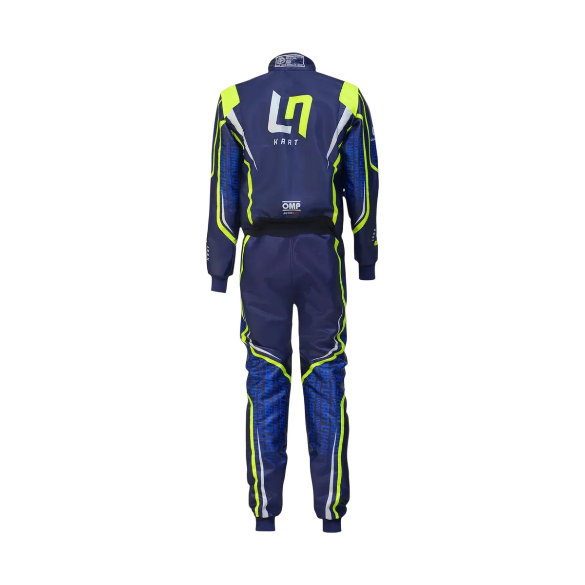 Navy blue racing suit with green accents on a white background   OMP LN edition 2022 karting suit back view