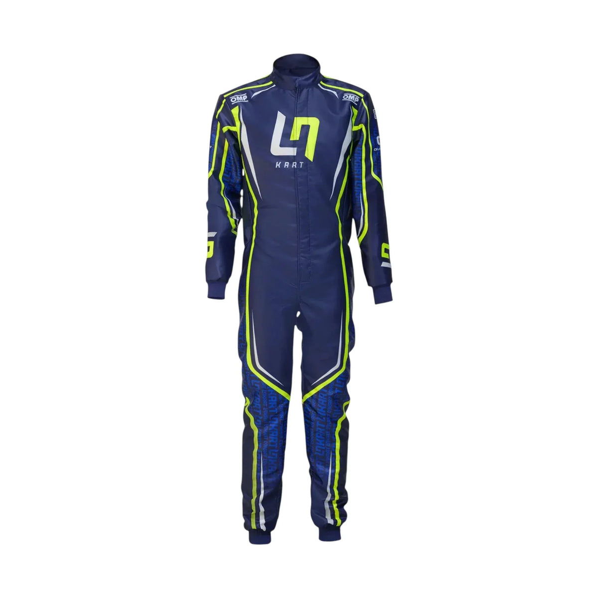 Navy blue racing suit with green accents on a white background   OMP LN edition 2022 karting suit front view