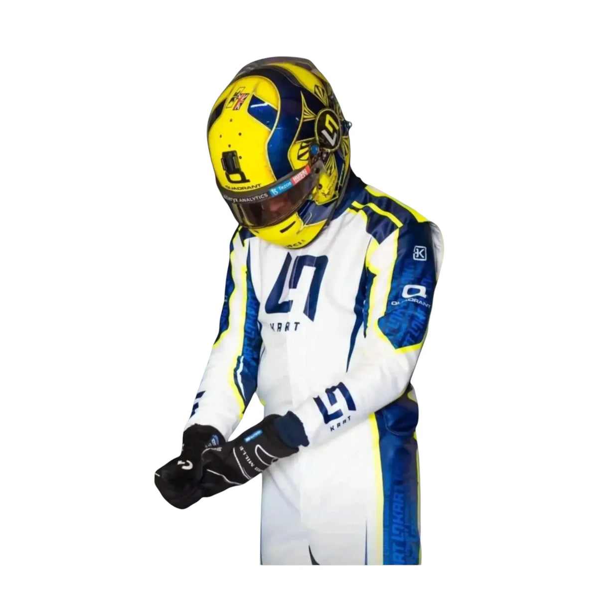 OMP LN 2022 go-kart racing suit wearing a white and blue racing suit with yellow helmet on a white background