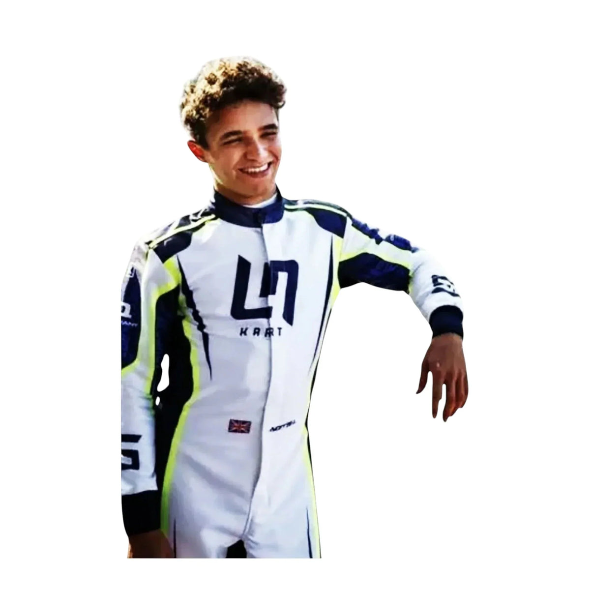 OMP LN 2022 go-kart wearing a white racing suit with blue and yellow accents on a white background