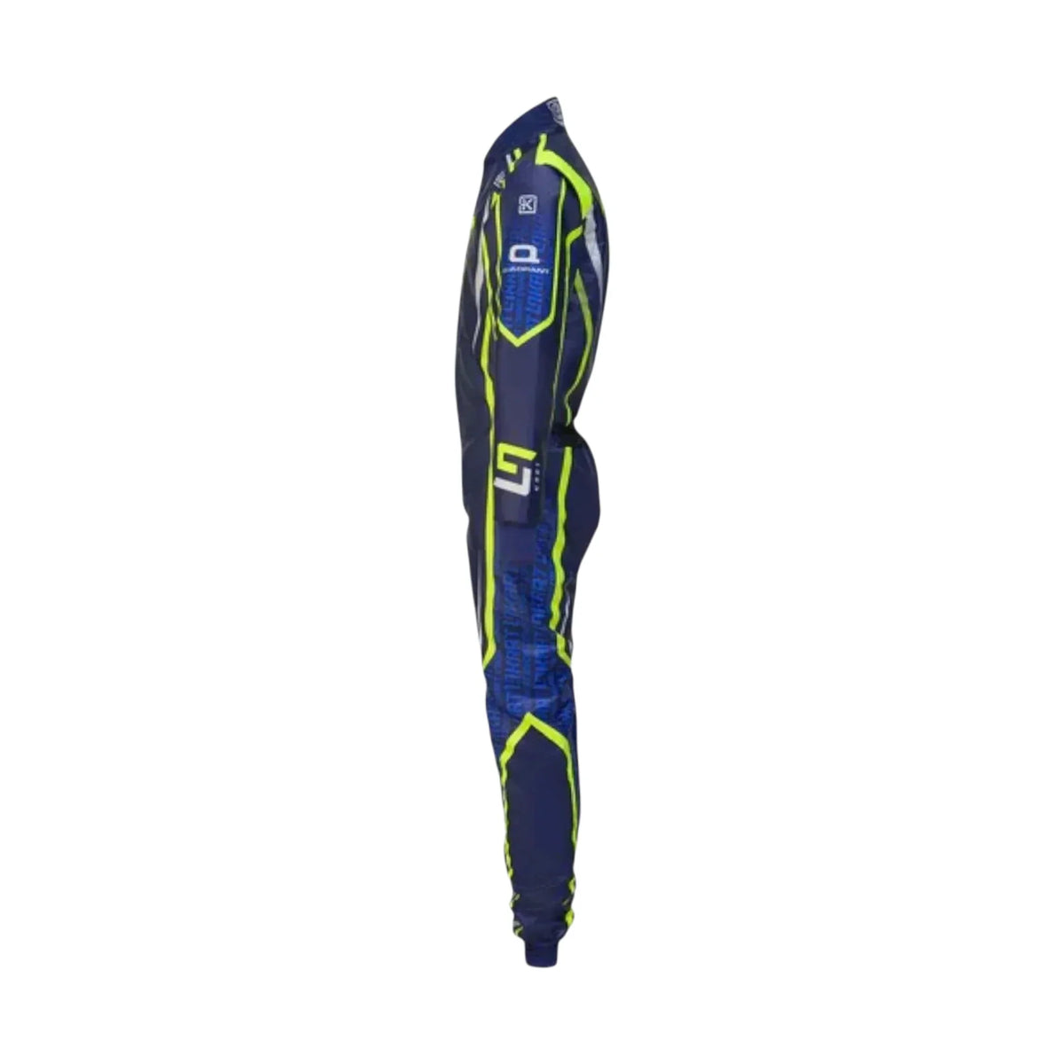 OMP LN 2022 karting suit side view Navy blue racing suit with green accents on a white background