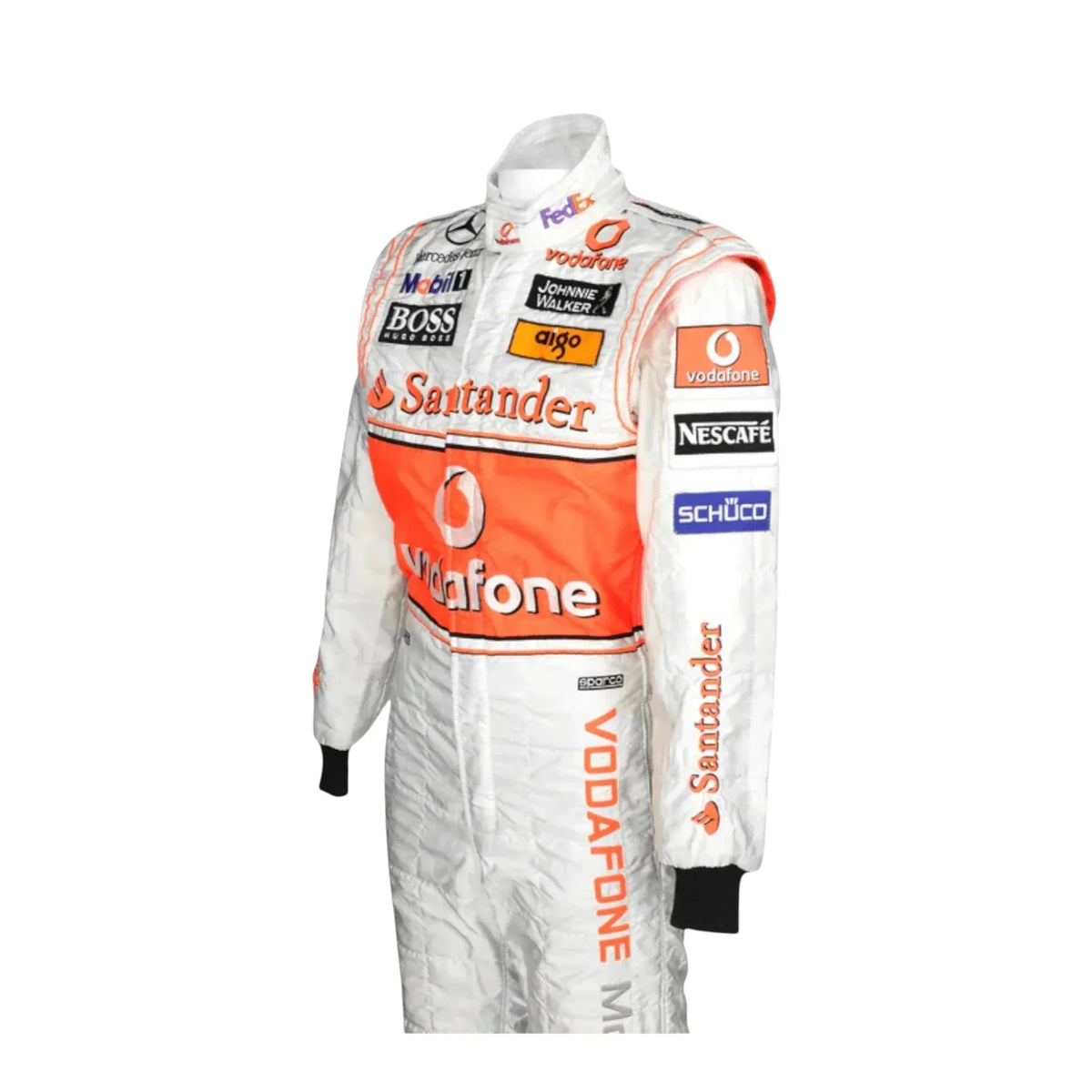 Side angle view of Lewis Hamilton 2008 McLaren F1 race suit