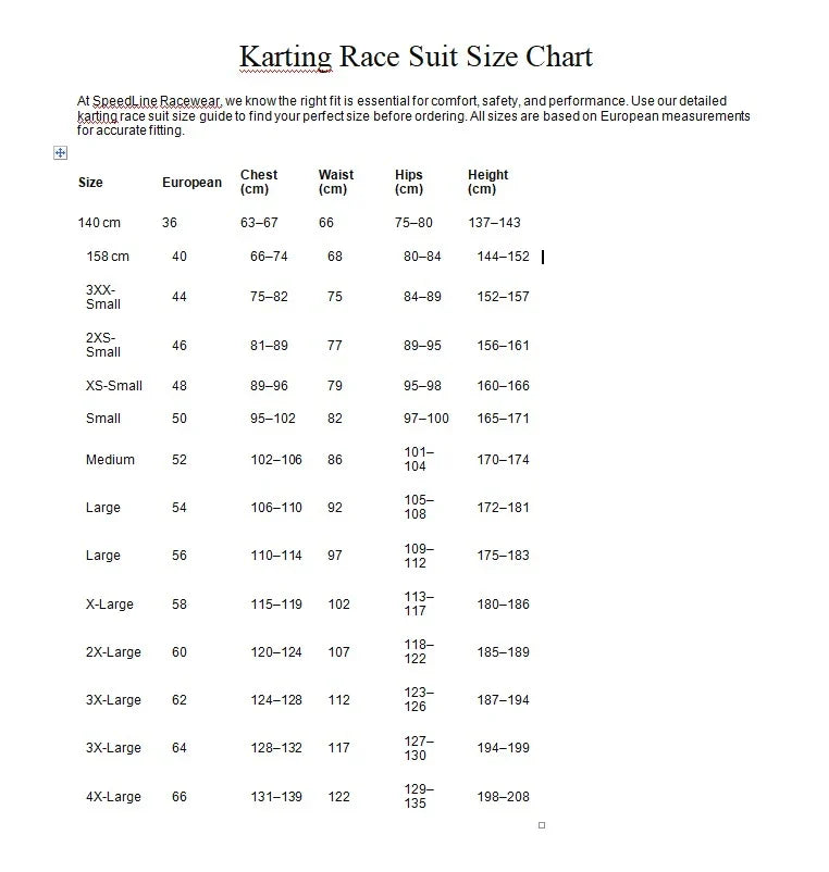 SizeChartSpeedLineRacewear