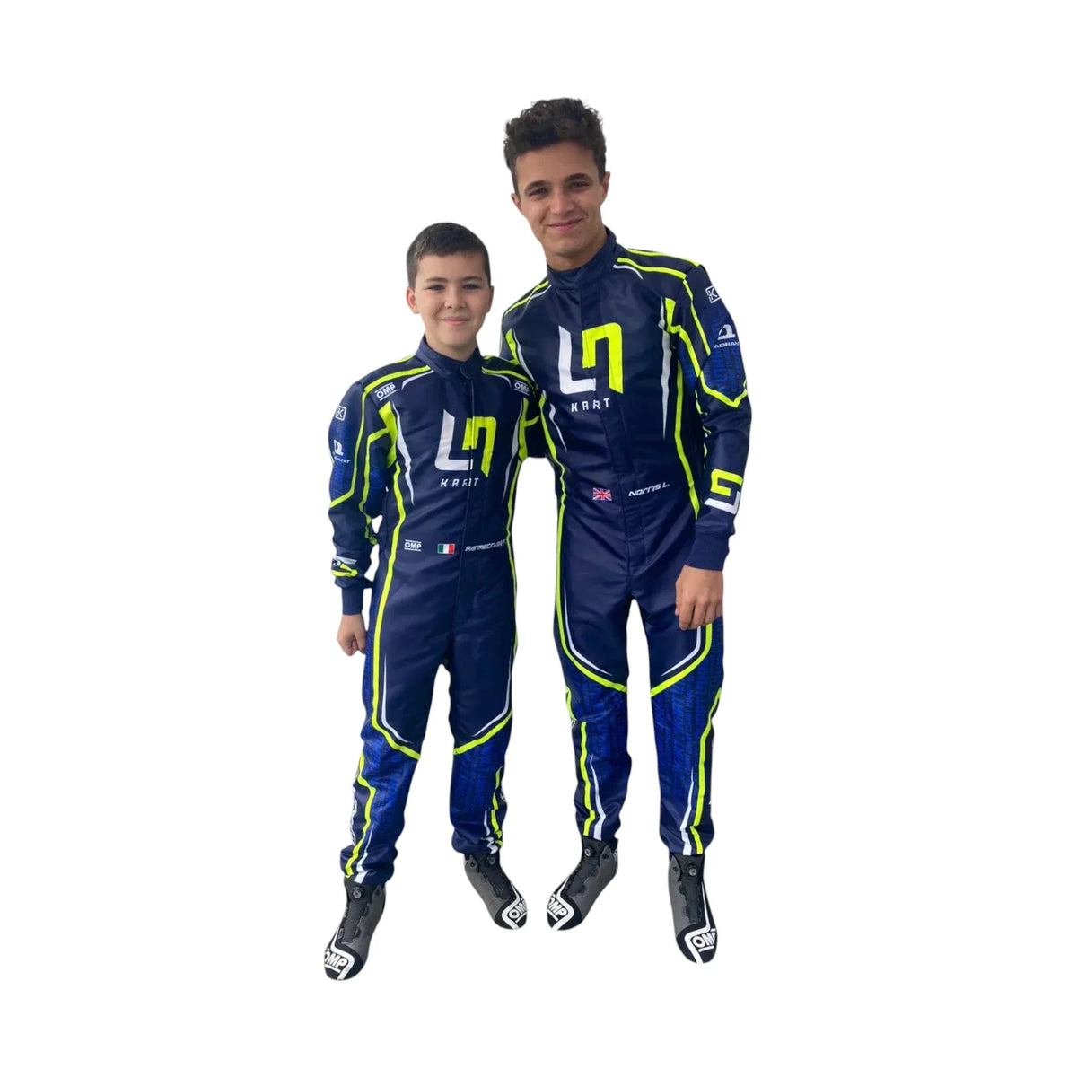 Two individuals wearing matching blue racing suits with yellow accents on a white background OMP LN edition 2022 karting suit