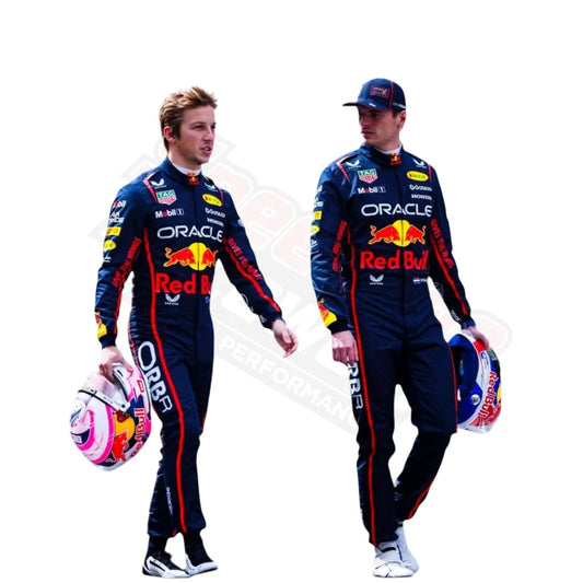 “Red Bull F1 Suit 2025 – two drivers standing side by side holding helmets, showcasing the latest Red Bull Racing race suit design.”